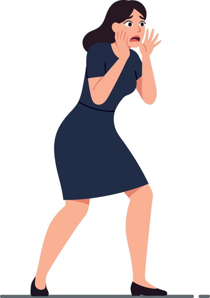 A woman in a dark dress expressing fear with wide eyes and hands raised in surprise, in a minimalistic flat art style vector