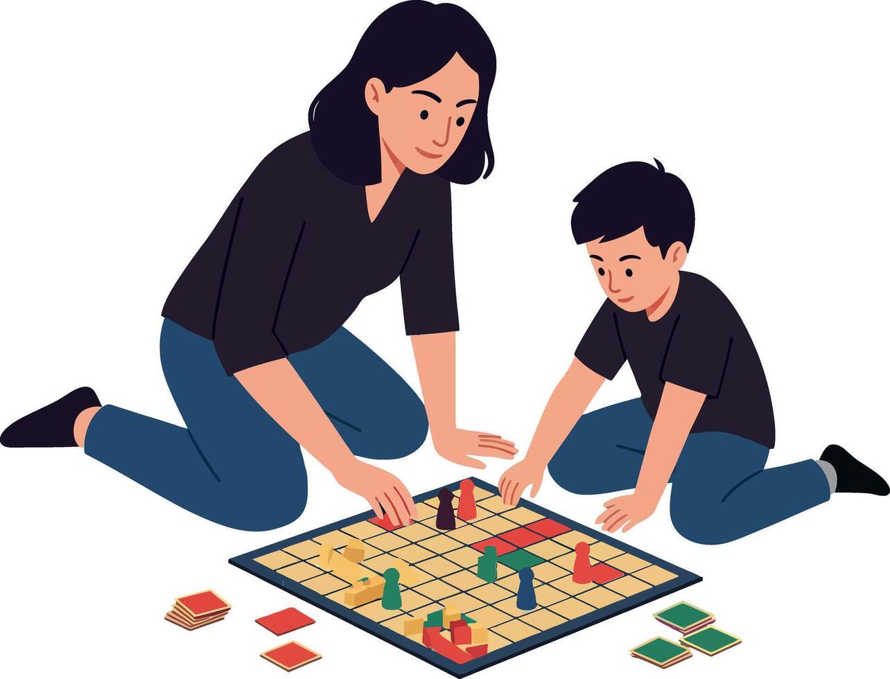 A mother and son engaged in a fun board game session on the floor, minimalist illustration capturing joy and bonding moments between family members, art vector