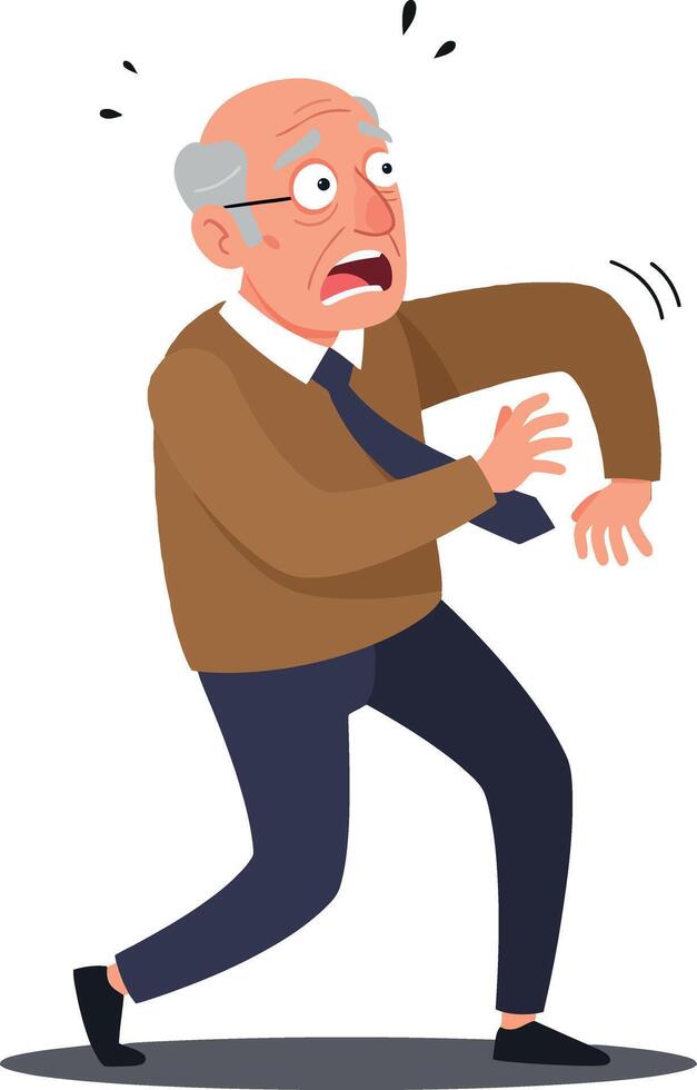 An elderly man with glasses in a brown sweater expressing surprise while looking at his watch in a flat illustration vector