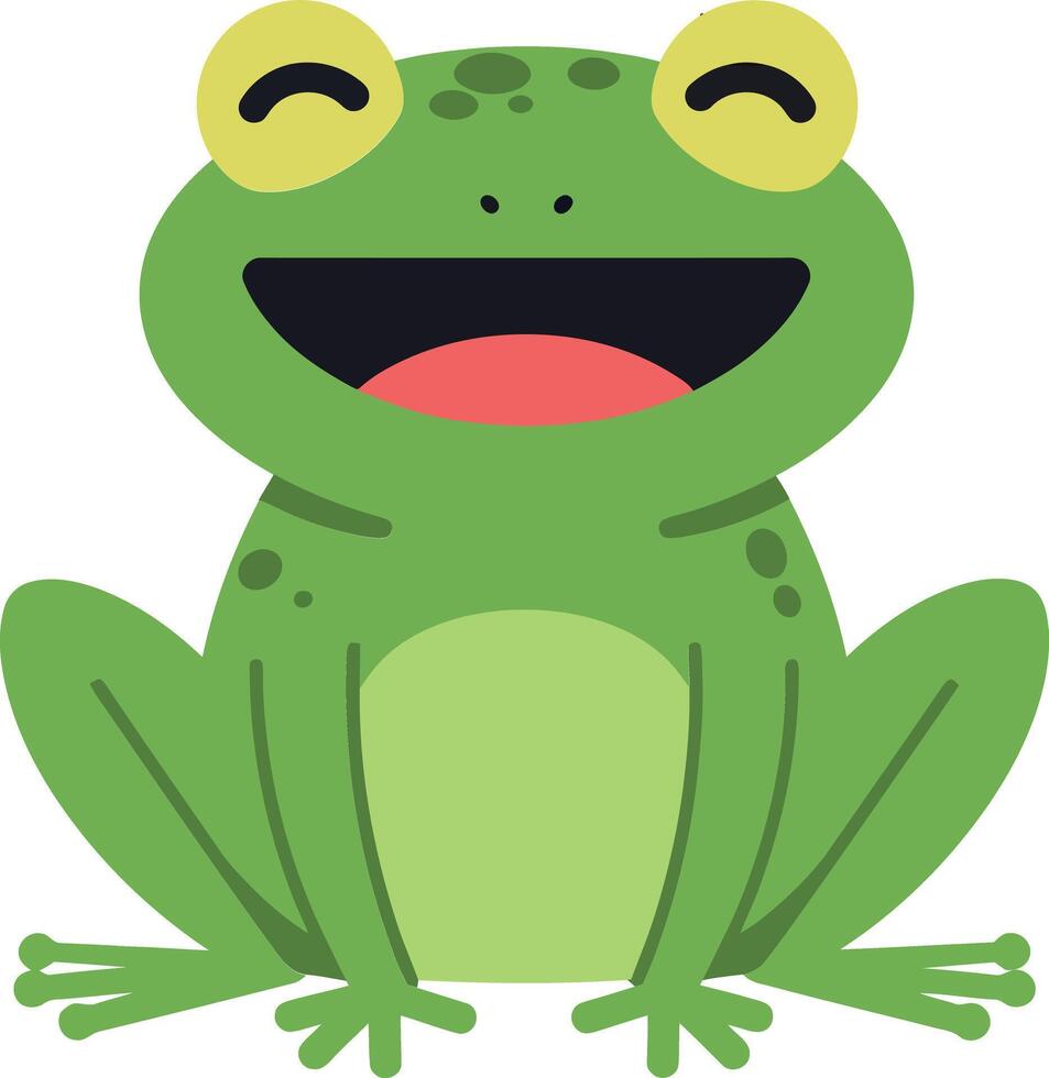 Happy green frog character with large eyes and a wide smile in a flat design, featuring playful colors, joyful expression, and vibrant art vector