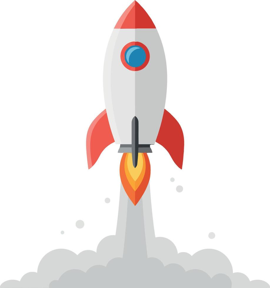 Rocket launching into the sky with bright flames and smoke in a flat design style, representing adventure and innovation in art vector