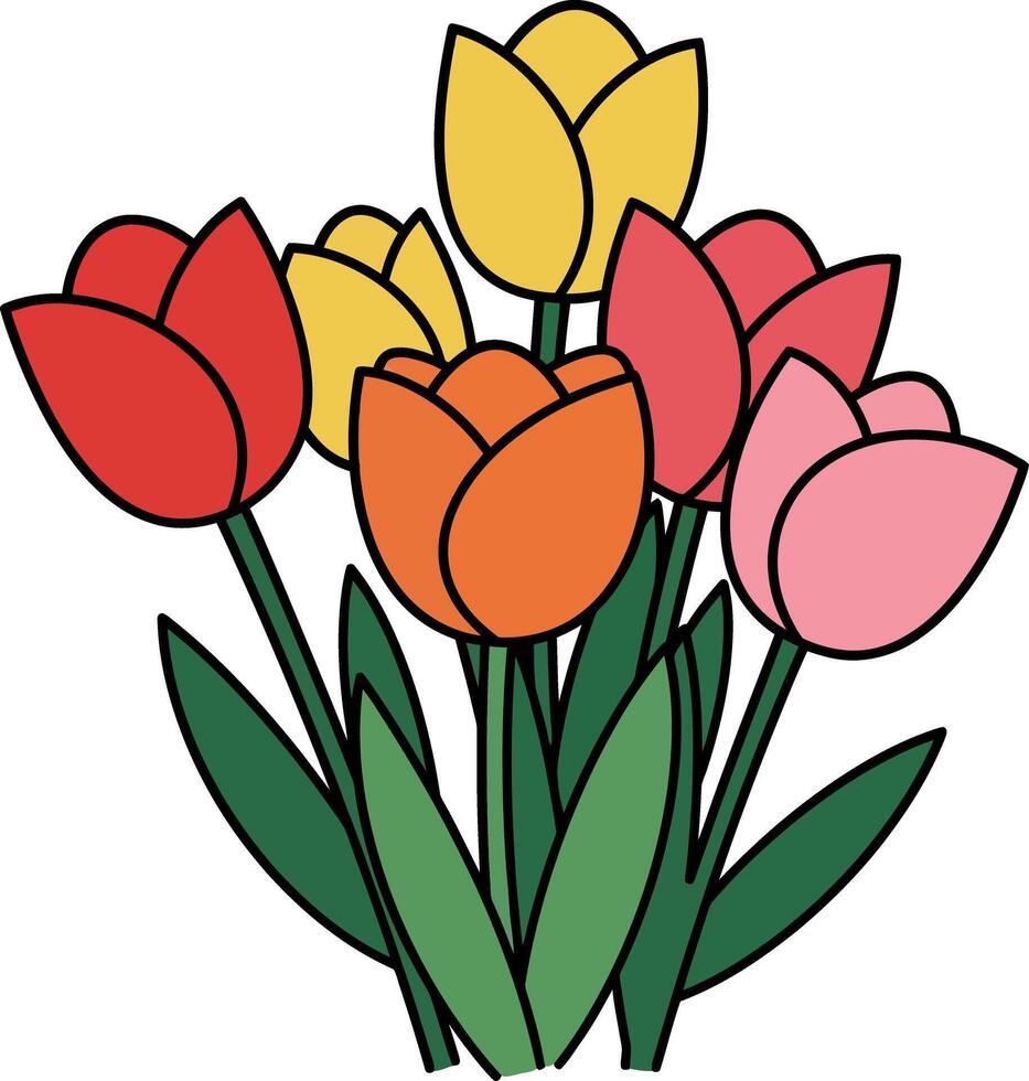 Colorful tulips arranged in a vibrant bouquet, showcasing flat design style, celebrating springs arrival with cheerful tones, illustration vector