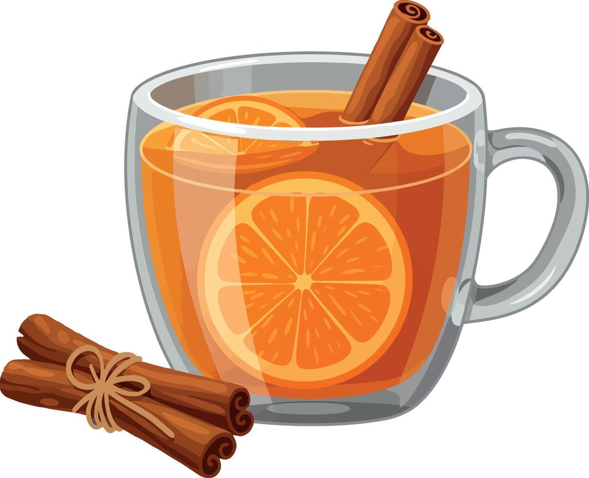 Warm mug of spiced orange tea with cinnamon sticks in a clear glass, flat illustration vector
