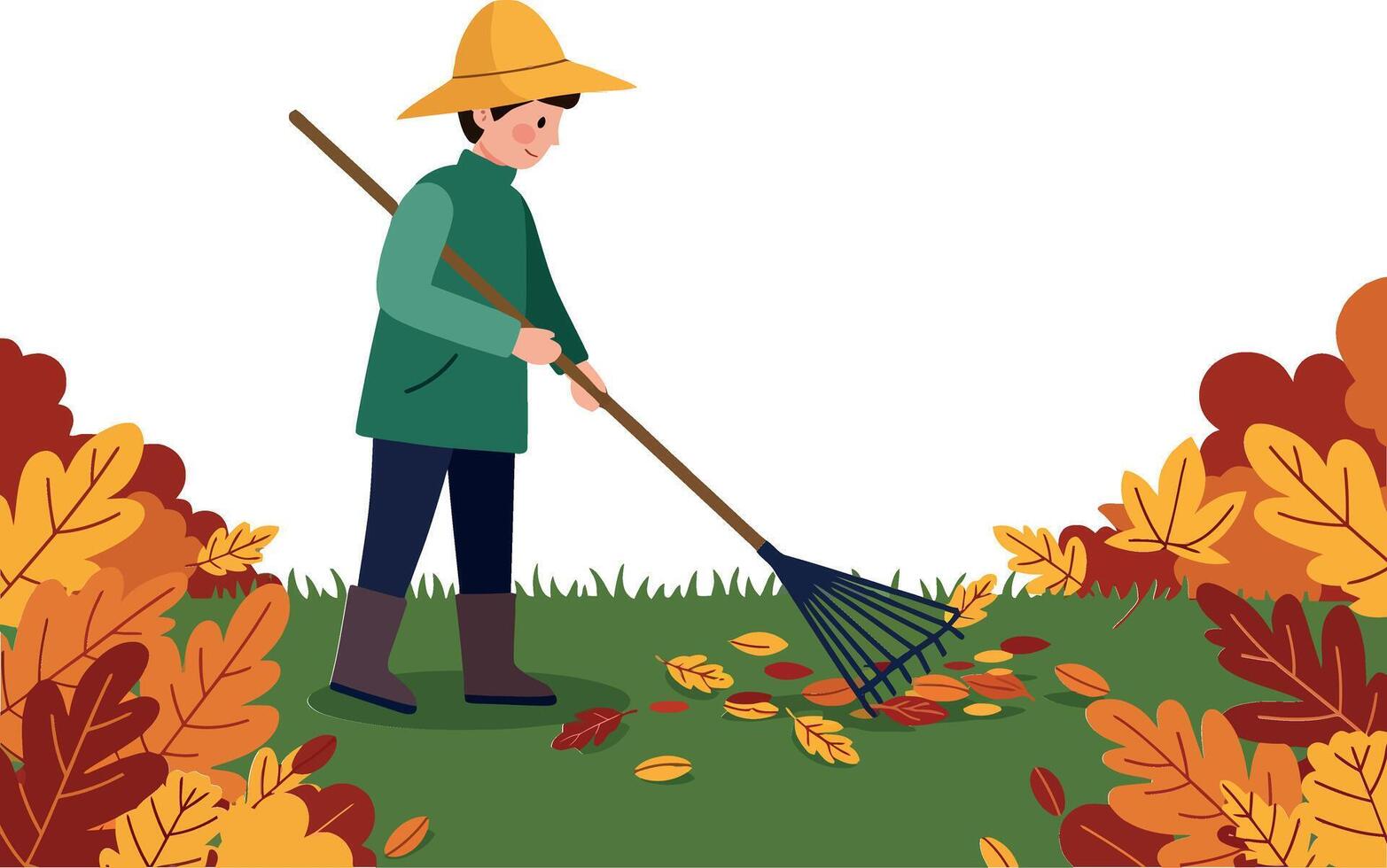 A young person raking colorful autumn leaves in a vibrant garden, wearing a straw hat in a flat illustration vector