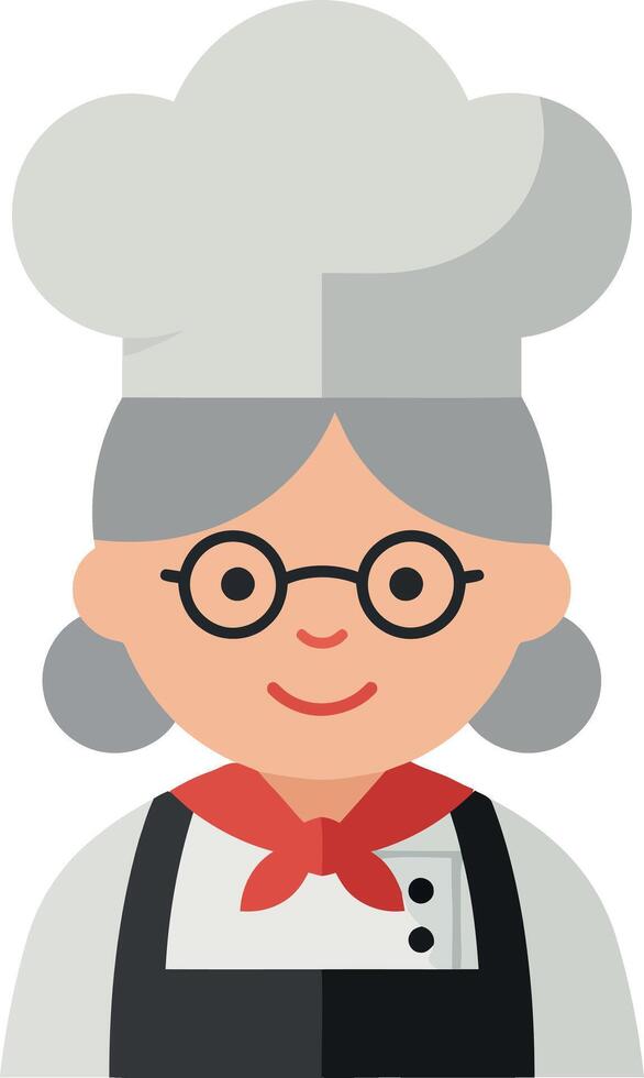 Cheerful elderly woman chef in flat design style wearing glasses and a chef hat, smiling warmly in art vector