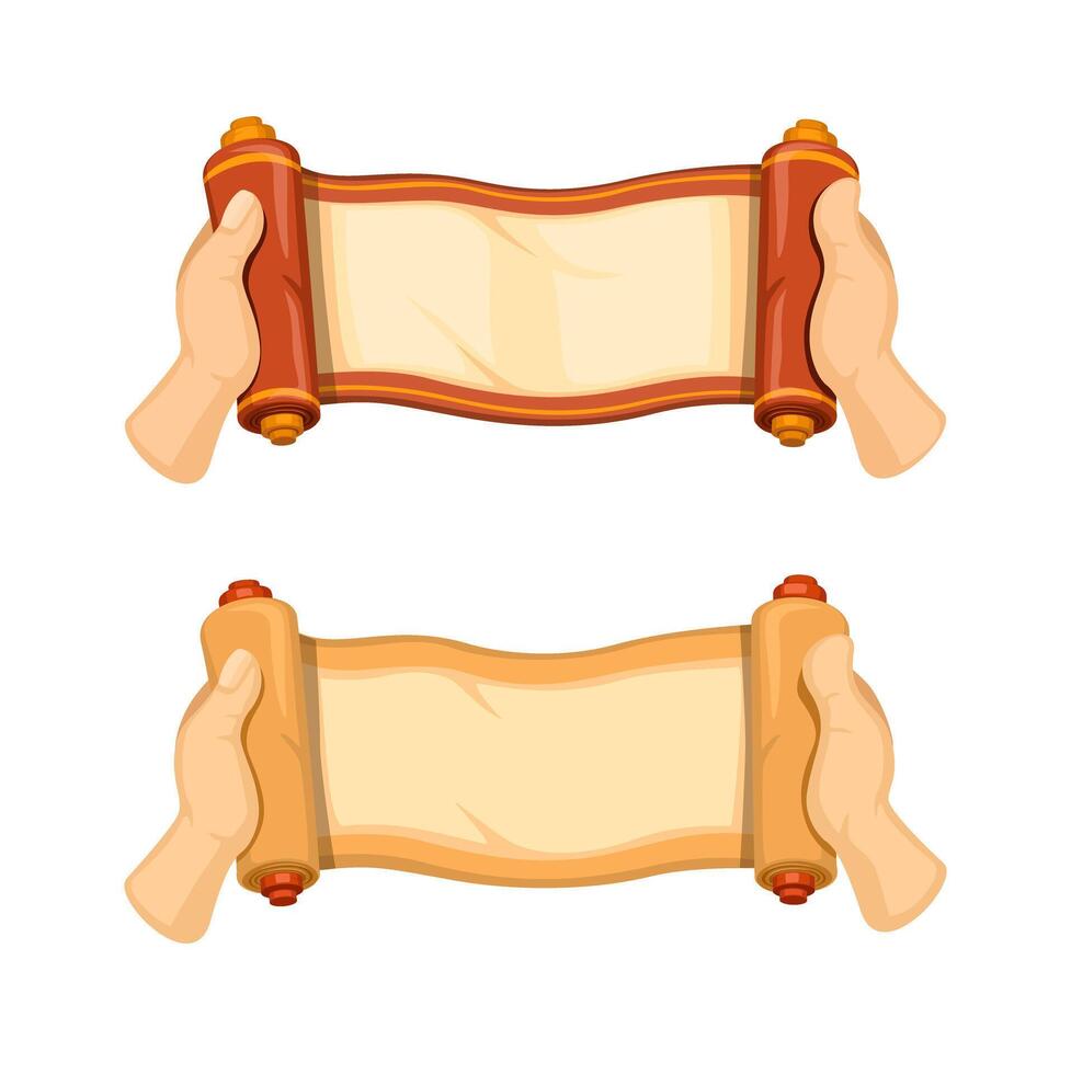 Hand Holding and Open Scroll Paper Set Illustration vector