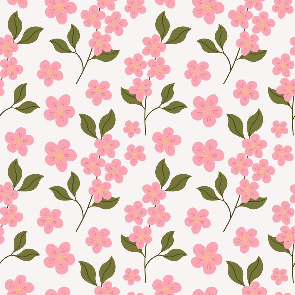 Seamless pattern with blossoming pink cherry flowers. Repeating background with floral texture. Spring motif for banner, wrapping, card, print, paper, poster, template. Botanical rapport vector
