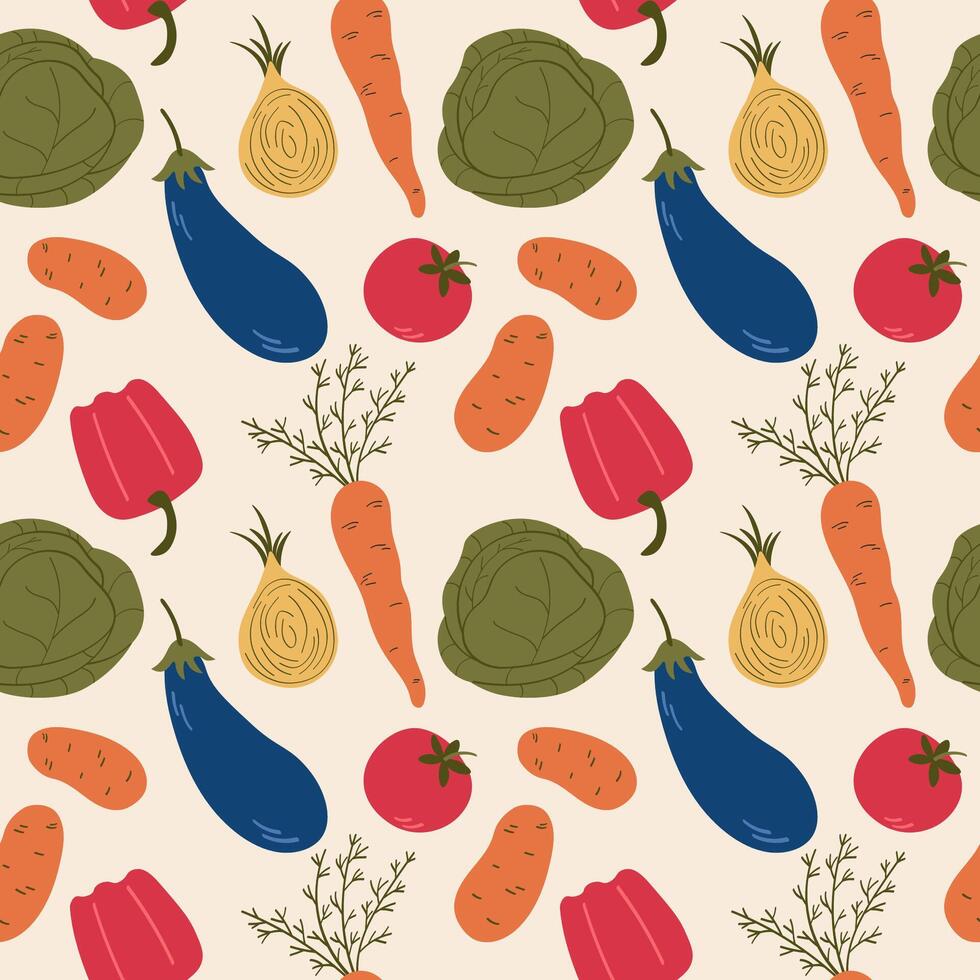 Vegetable seamless pattern with tomato, paprika, eggplant, onion, potato, cabbage, carrot. Repeating background with vegetables harvest. Vegetarian food, ingredients, farm, garden, market vector