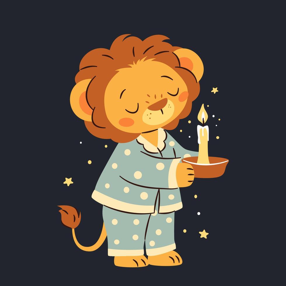 Flat illustration in a simple children's style. Cute lion cub in pajamas holding a candle, dark background and stars vector