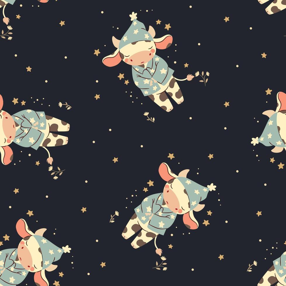 Seamless pattern in a simple childish style. Cute sleepy calf in pajamas on dark background with stars vector