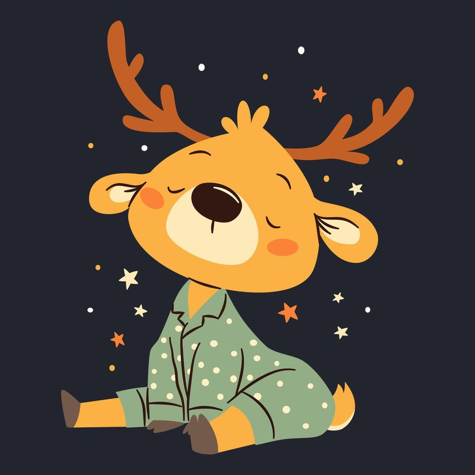 Flat illustration in a simple children's style. Cute sleepy reindeer in pajamas, dark background and stars vector