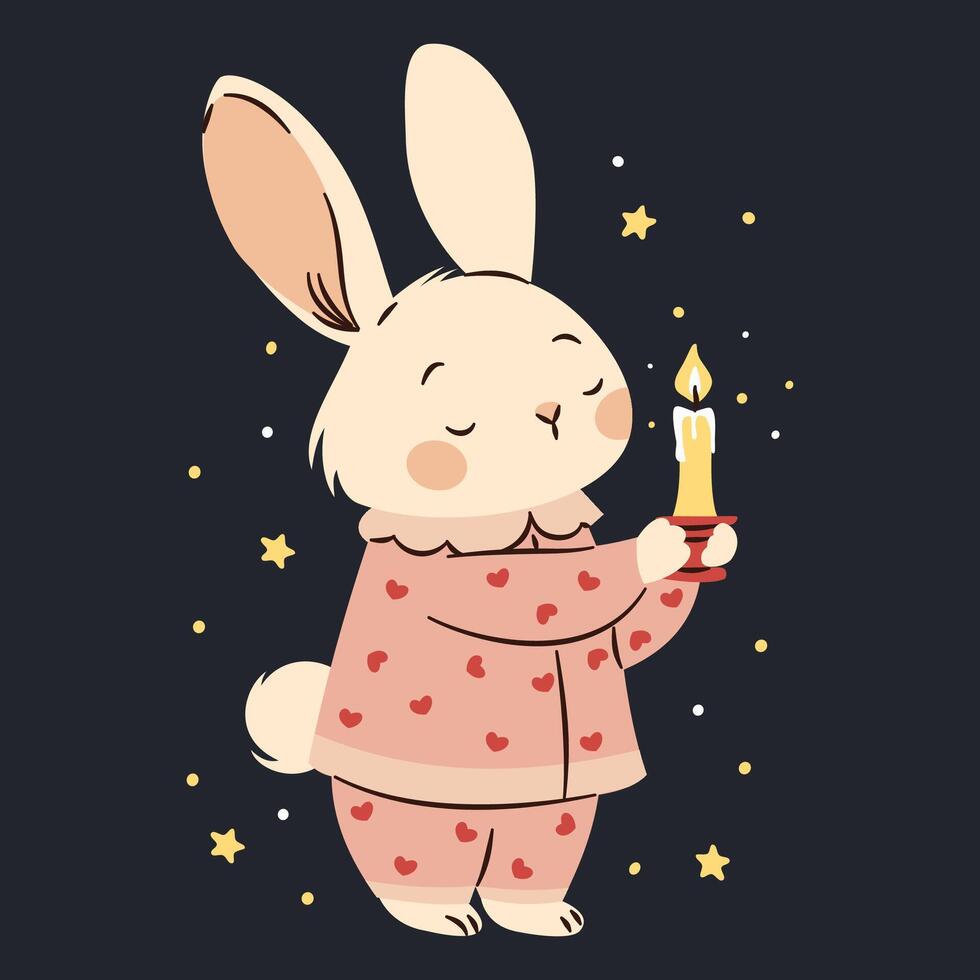 Flat illustration in a simple children's style. Cute sleepy bunny in pink pajamas standing and holding a candle, dark background and stars vector