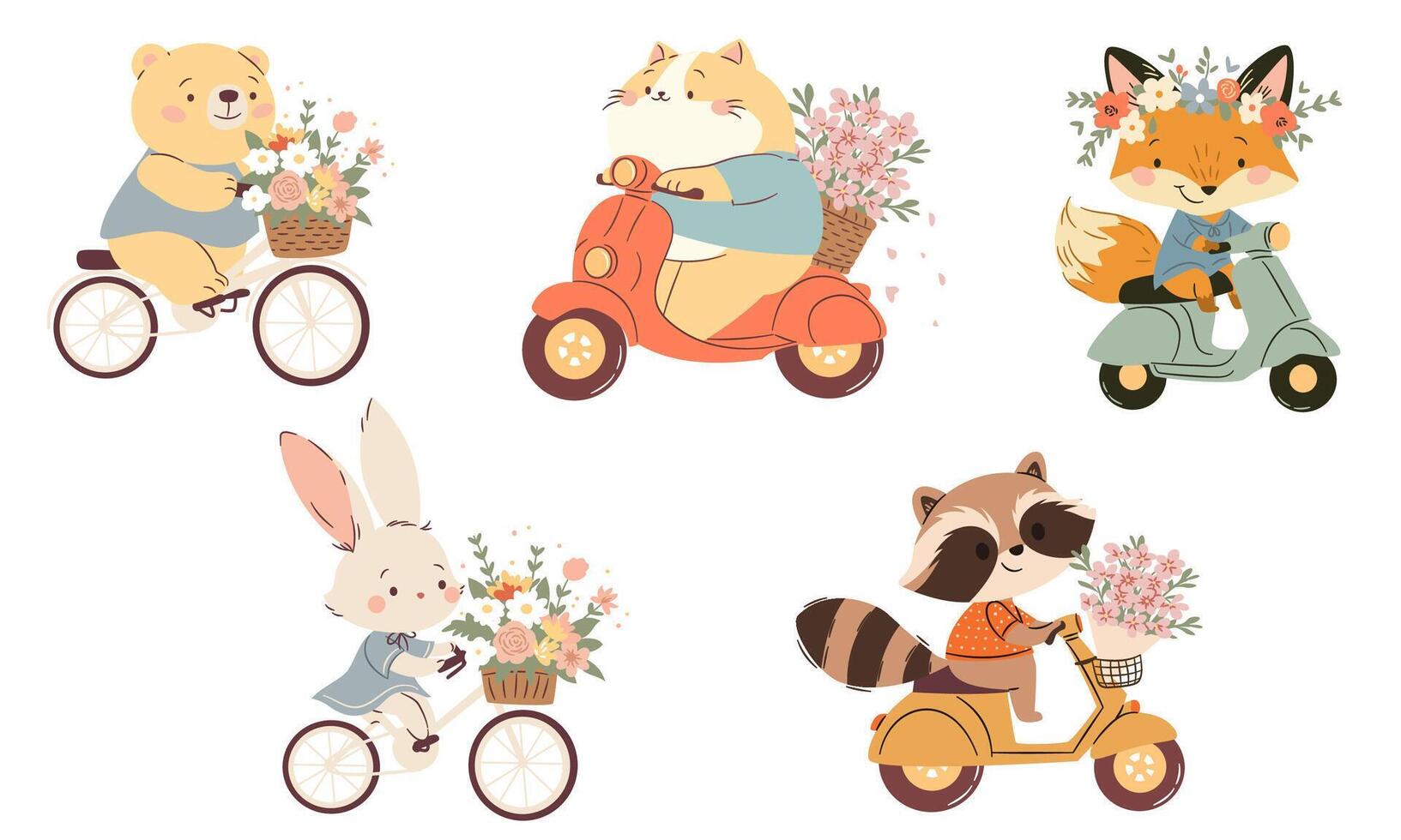 A set of flat illustrations in a simple children's style. Cute animals riding on bicycle and scooter with bouquets of flowers and wreaths. Bear hare raccoon cat and fox. Spring illustrations vector