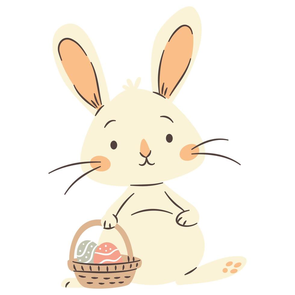 Flat illustration in a simple children's style. A cute bunny holding a basket of Easter eggs vector