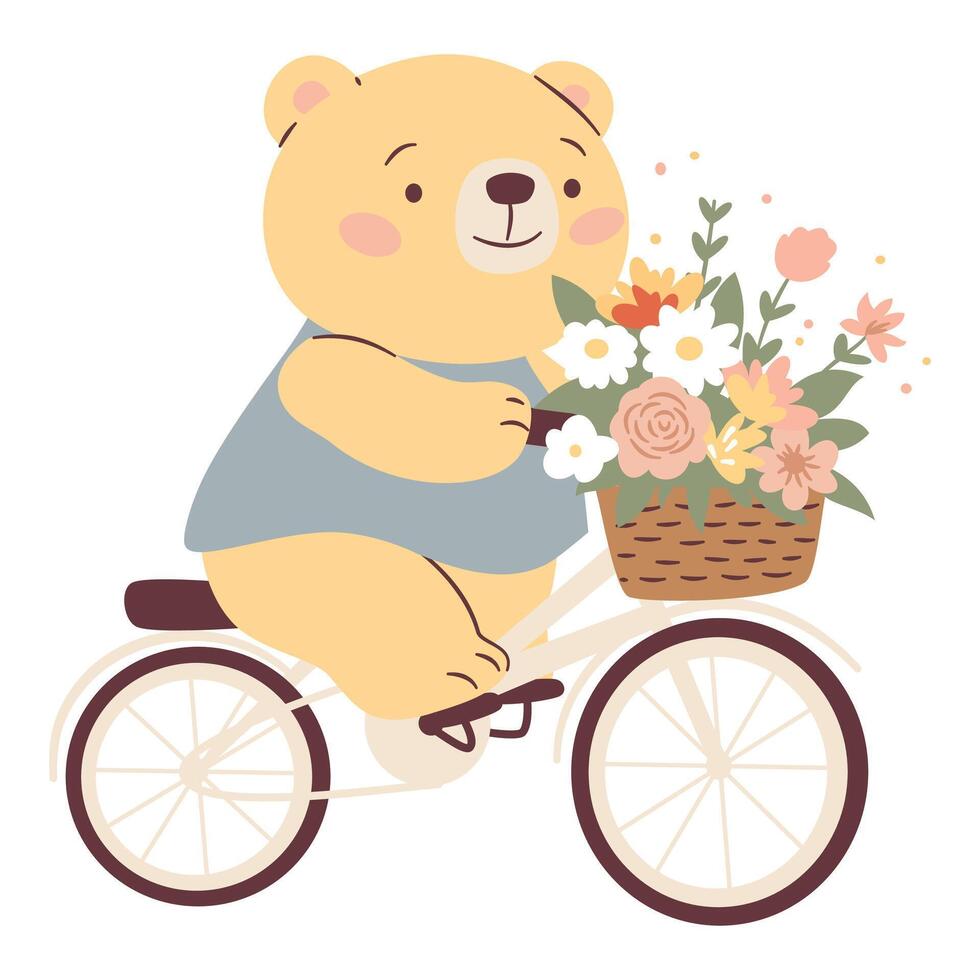 Flat illustration in a simple children's style. Cute bear cub riding a bicycle with a bouquet of flowers in the trunk, cheerful spring illustration. vector
