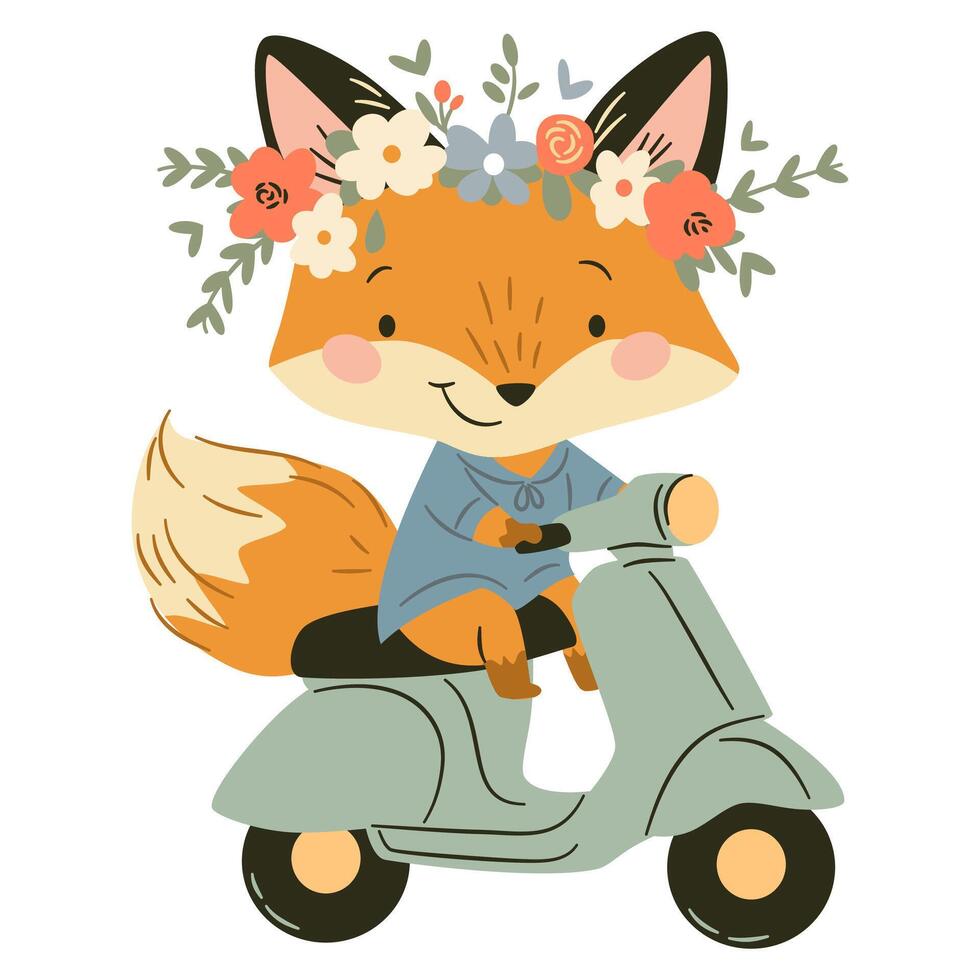 Flat illustration in a simple children's style. Cute fox riding on scooter with wreath of flowers, cheerful spring illustration vector