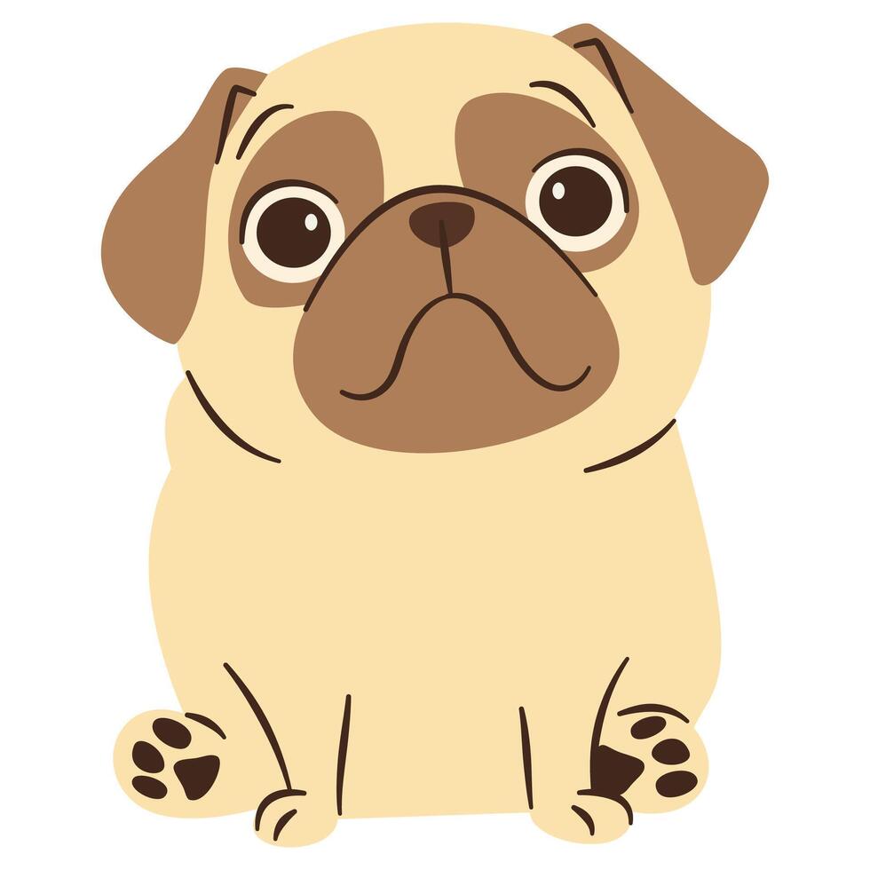 Flat illustration in a simple children's style. Cute pug dog with big sad eyes sitting on white background vector