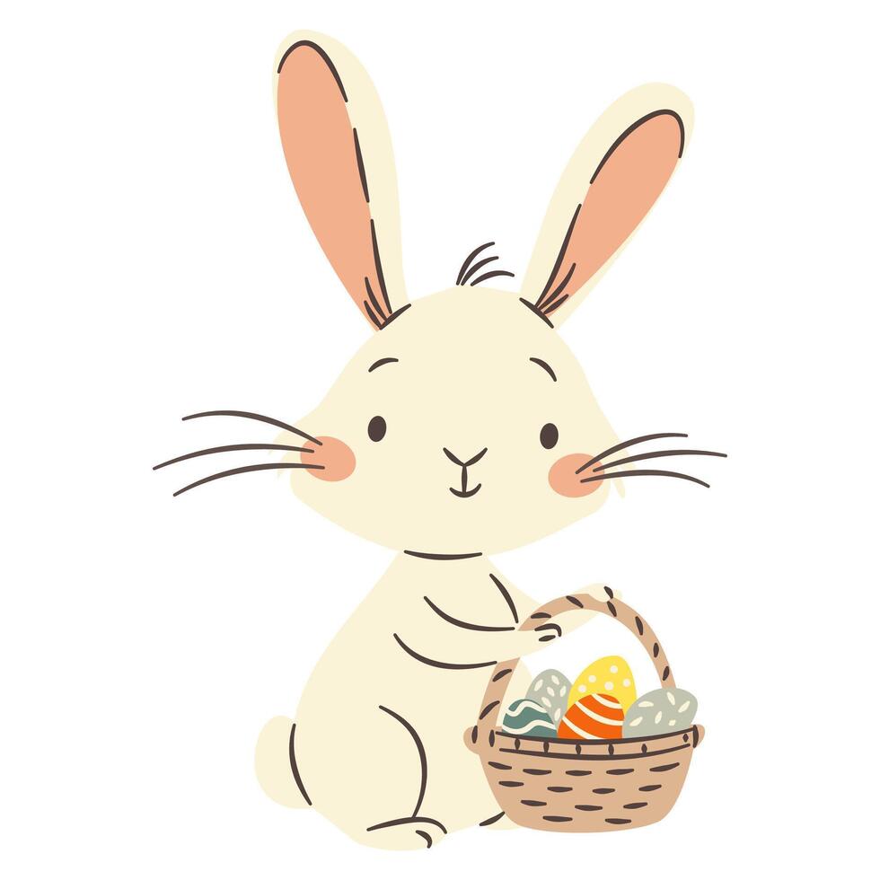 Flat illustration in a simple children's style. A cute bunny holding a basket of Easter eggs vector