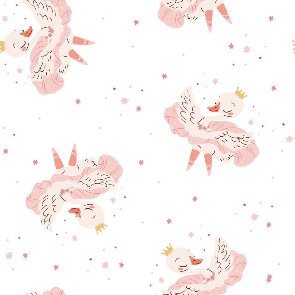 Seamless pattern in a simple childish style. Cute swan ballerina dancing ballet, ballet tutu. vector