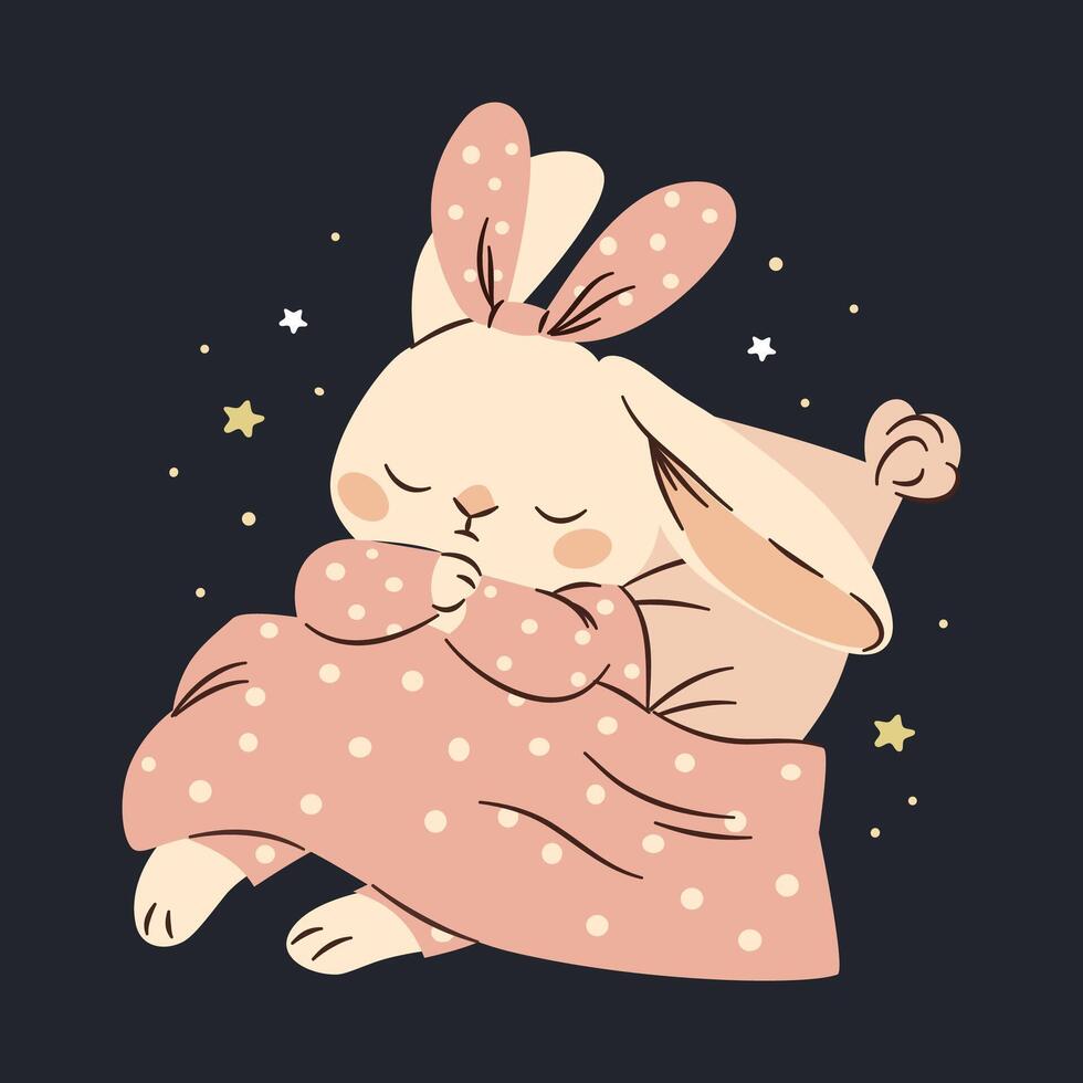 Flat illustration in a simple children's style. Cute bunny in pink pajamas sleeping on a pillow. Dark background and stars. vector