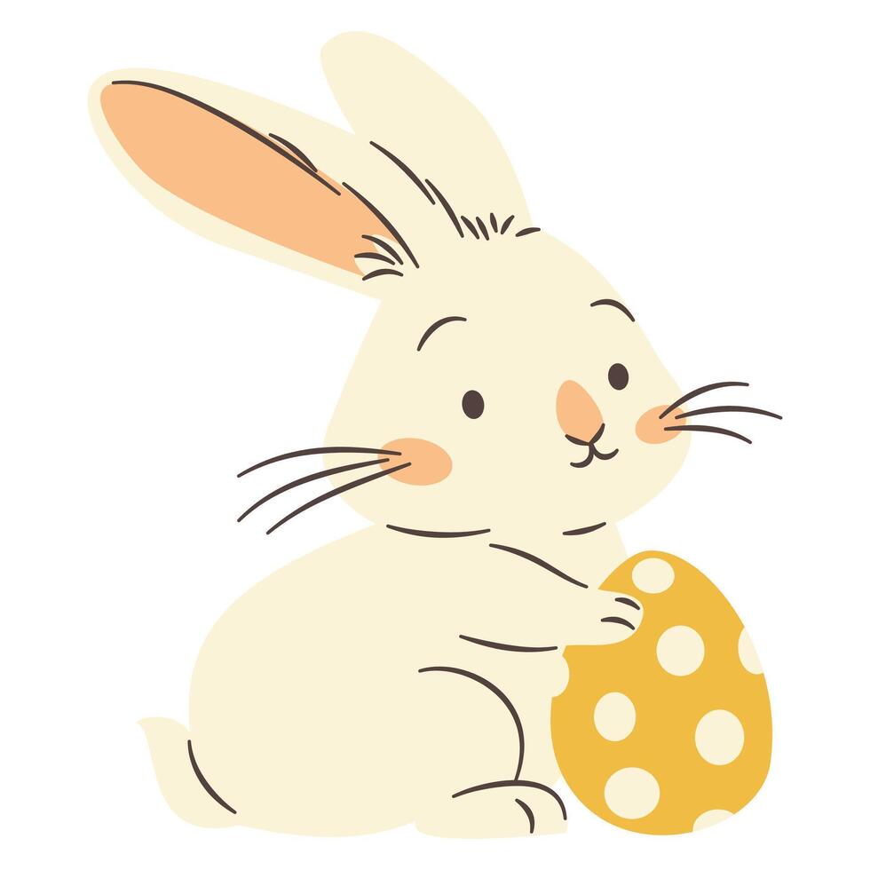 Flat illustration in a simple children's style. Cute Easter white bunny holding an Easter egg vector