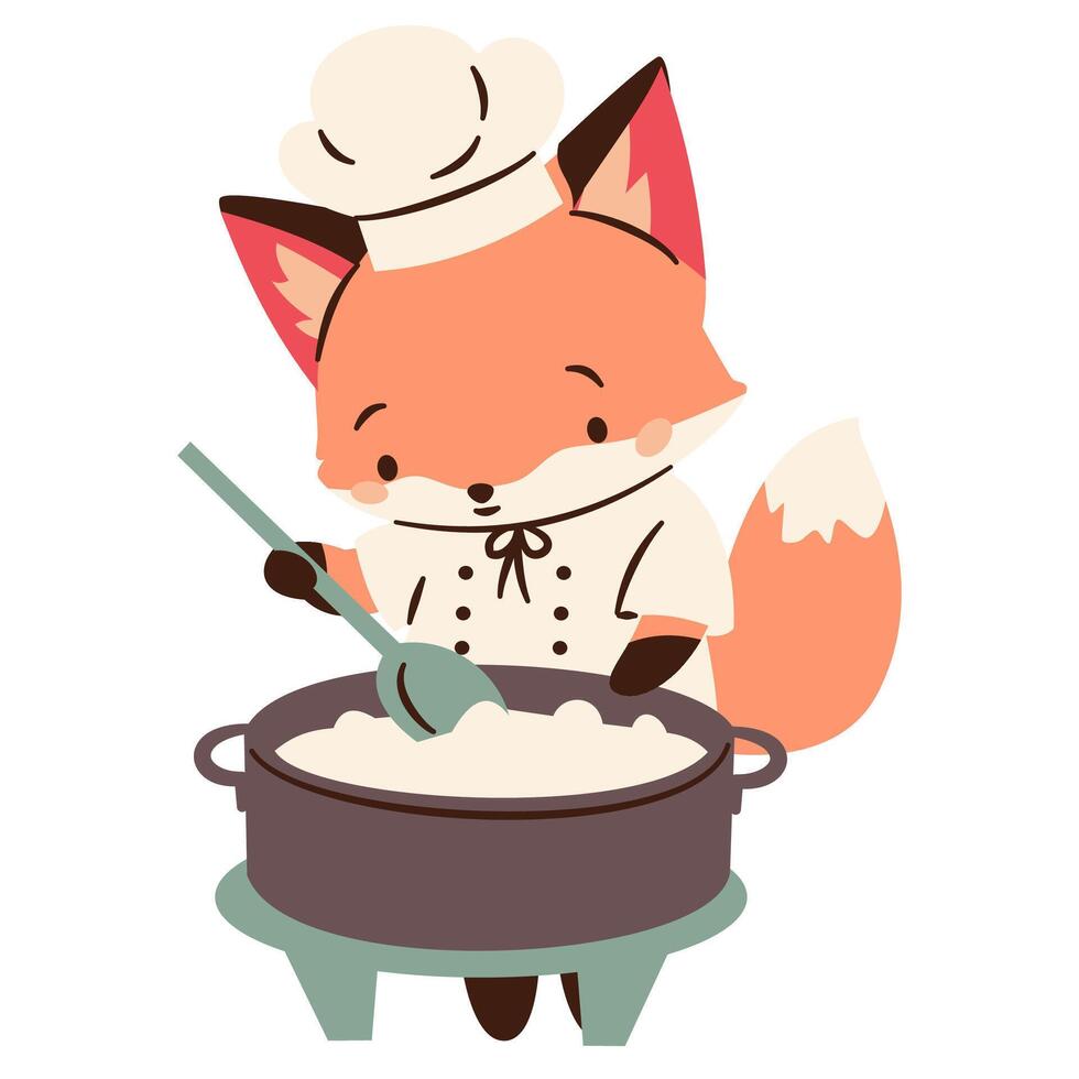 Flat illustration in a simple children's style. Cute fox in a chef's costume is cooking porridge in a pot vector