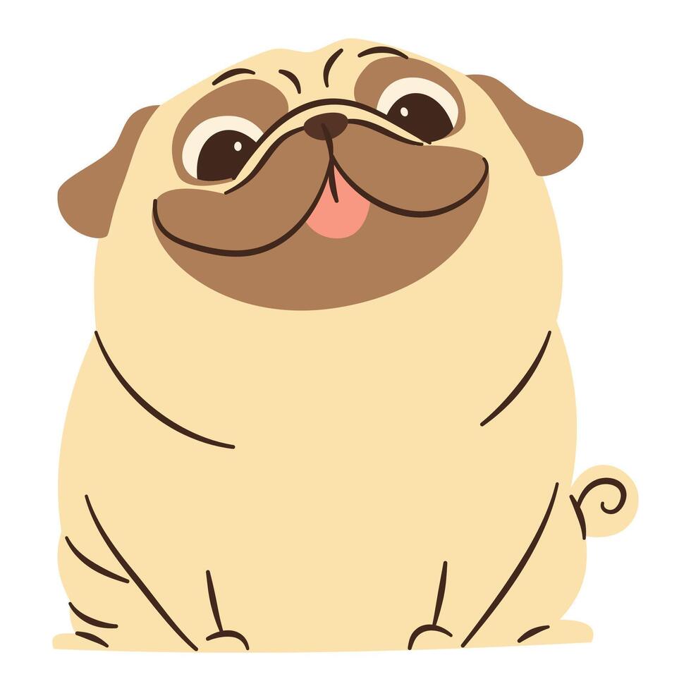 Flat illustration in a simple children's style. Cute happy dog of pug breed. vector