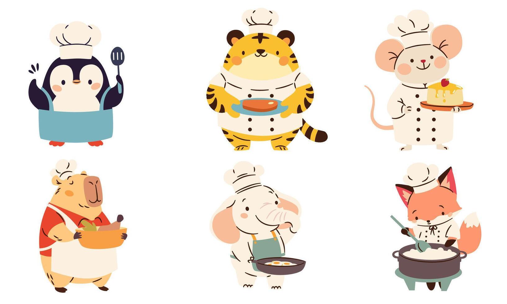 A set of flat illustrations in a simple children's style. Cute animals cook cooking food. Elephant tiger tiger penguin penguin mouse fox and capybara in chef costume vector