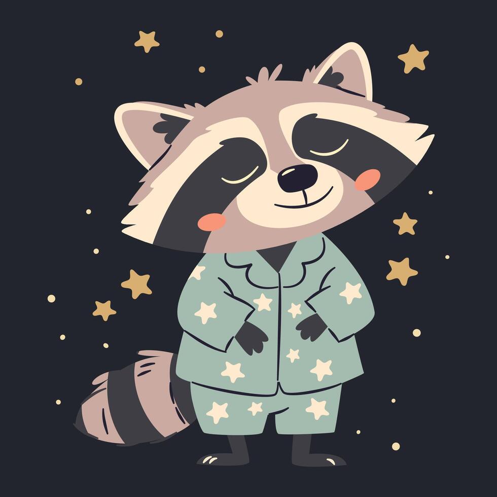 Flat illustration in a simple children's style. Cute sleepy raccoon in pajamas on dark background with stars vector