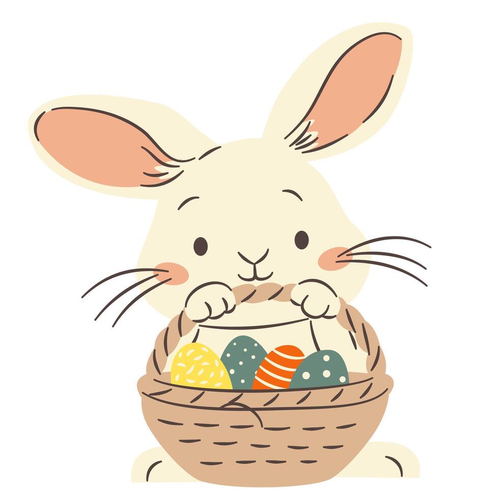 Flat illustration in a simple children's style. A cute bunny holding a basket of Easter eggs vector