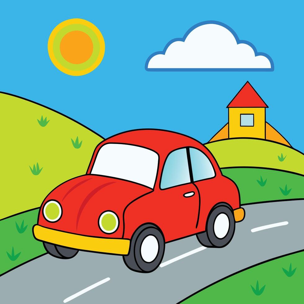a cartoon car driving down the road with a house in the background vector