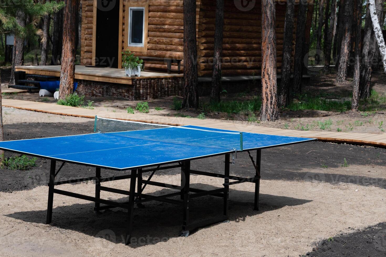 An empty tennis table on the playground on a summer day photo