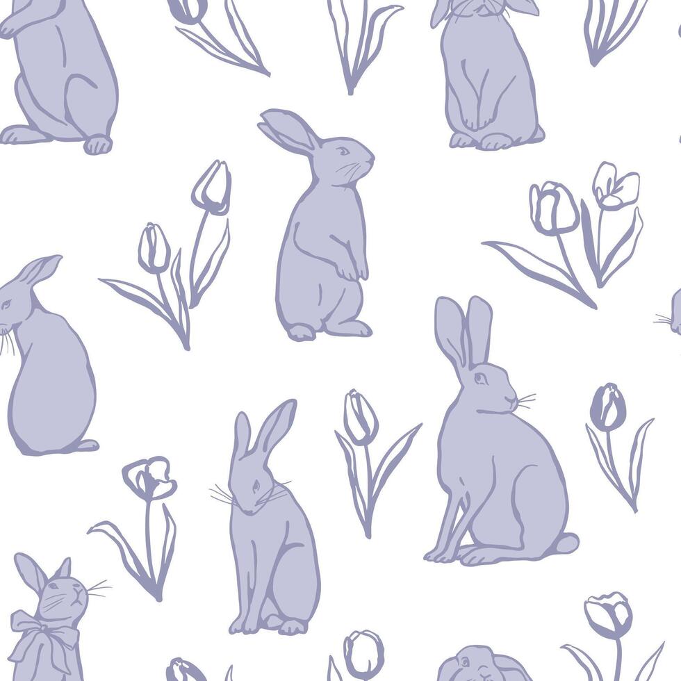 Hand drawn different rabbits and tulips on white background seamless pattern. Design for textile, fabric, wrapping paper, gift paper, Easter decoration vector
