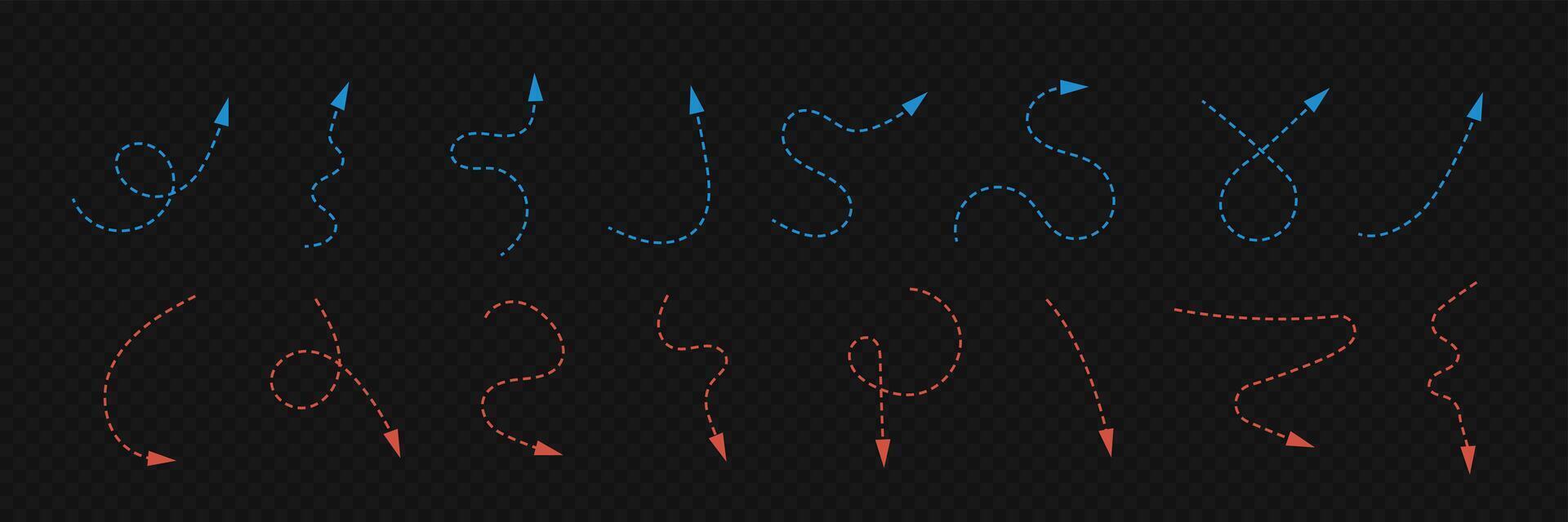 Neon Dashed Arrows red and blue colors. Set of curvy direction elements. Infographic signs on black vector