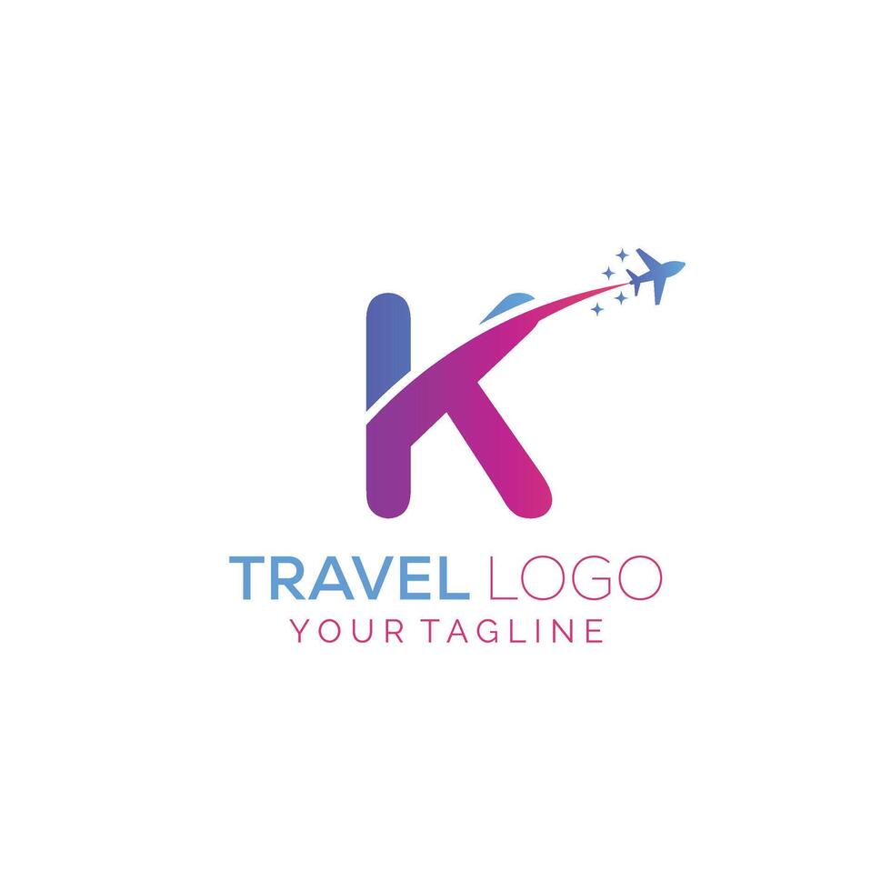 Letter K Travel Logo Design with plane. Icon of K for travel agency logo design. vector