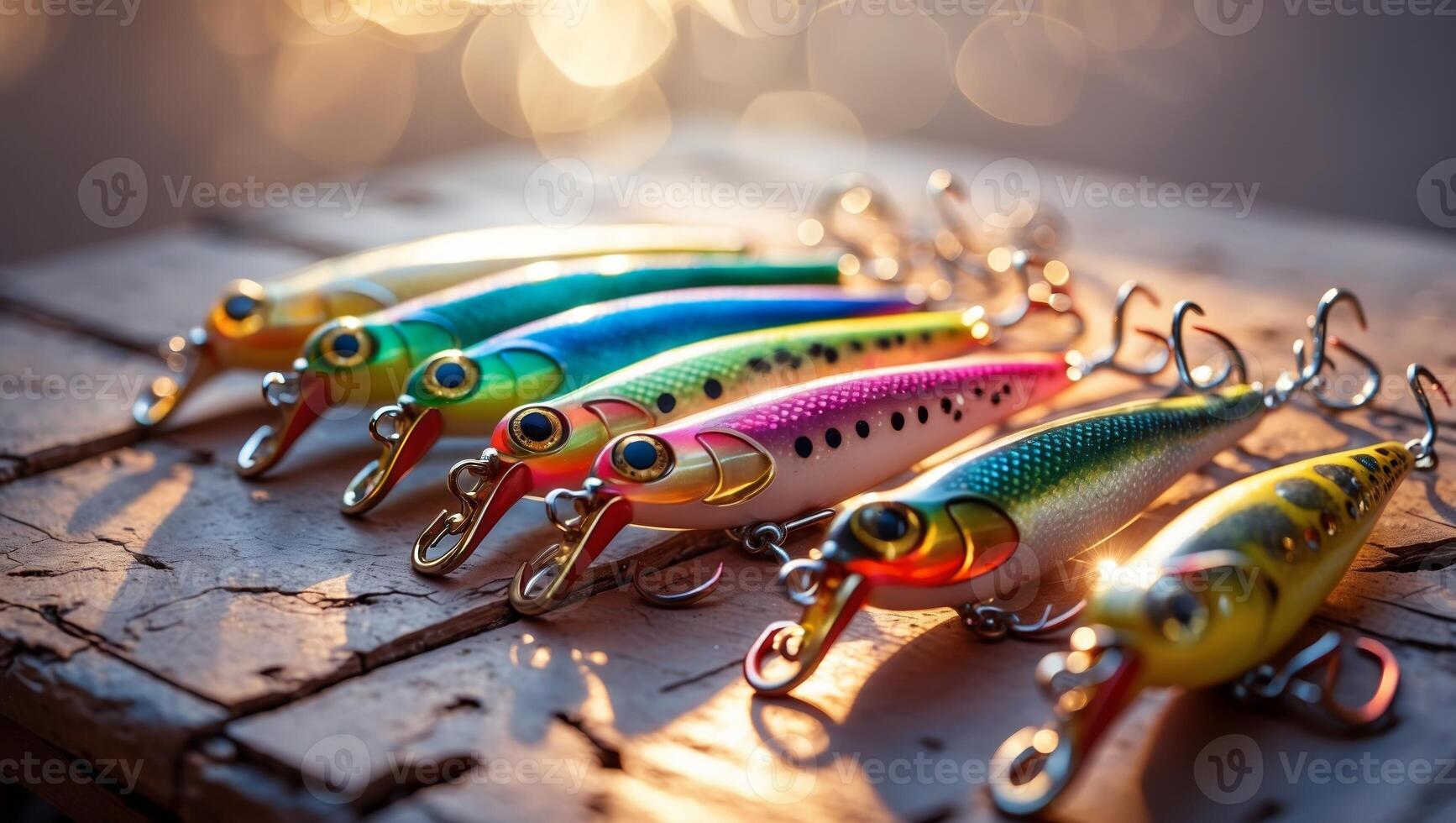 Colorful fishing lures displayed on a weathered surface with soft sunlight in the background photo