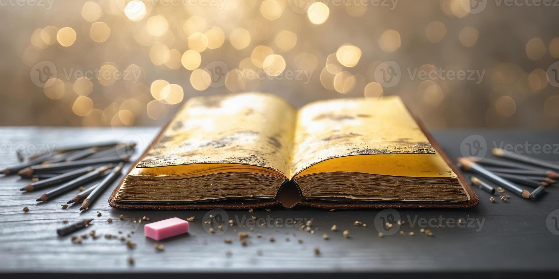 Open vintage book surrounded by pencils and an eraser on a wooden table with a blurred golden background photo