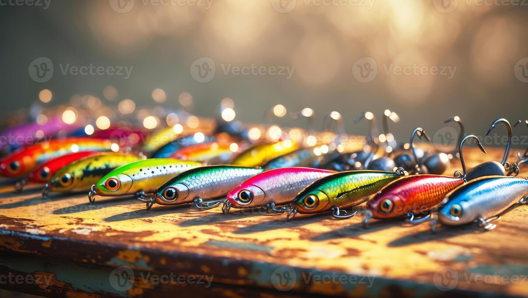 Colorful fishing lures displayed on a wooden surface in soft evening light, showcasing variety and design for anglers photo