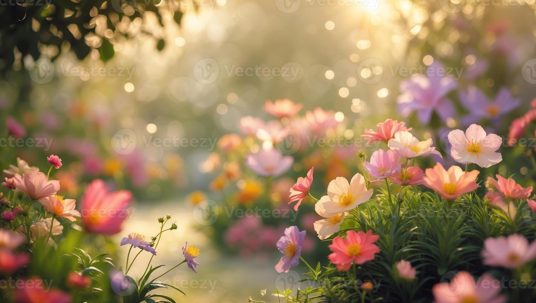 Vibrant garden filled with blooming flowers in soft sunlight during golden hour photo