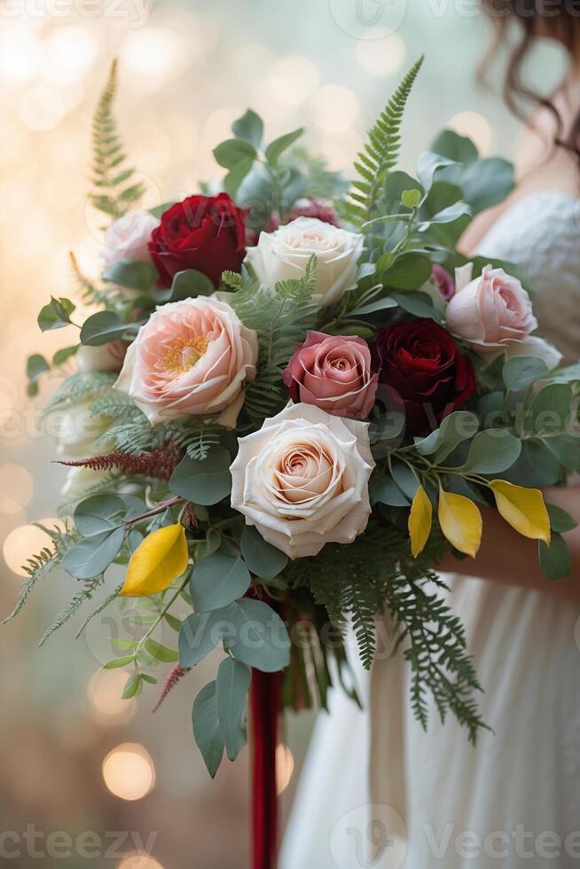 Beautiful bridal bouquet featuring roses and greenery in soft colors held by a bride in a dreamy outdoor setting photo