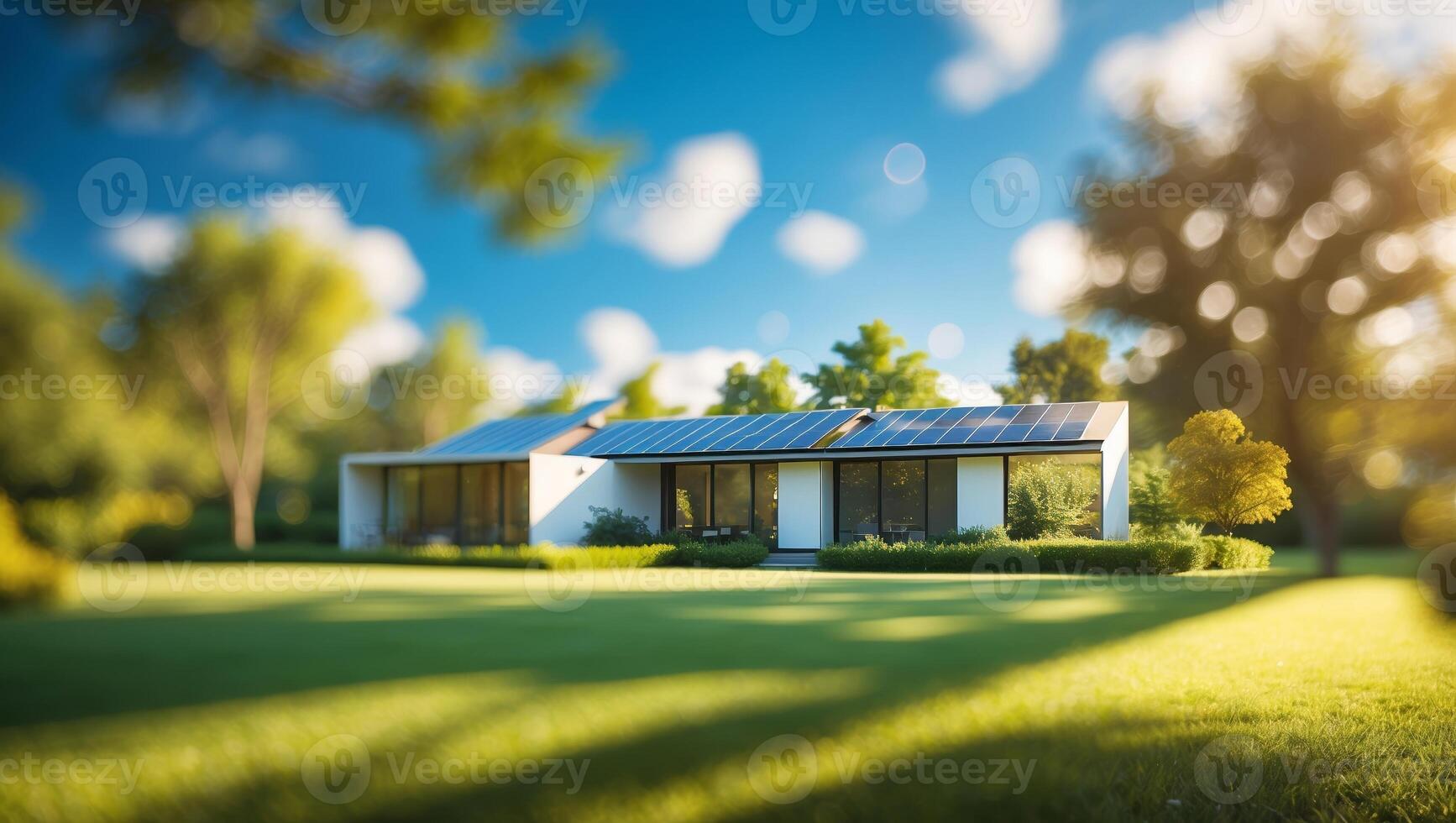Modern eco-friendly house with solar panels surrounded by vibrant greenery in sunny outdoor setting photo