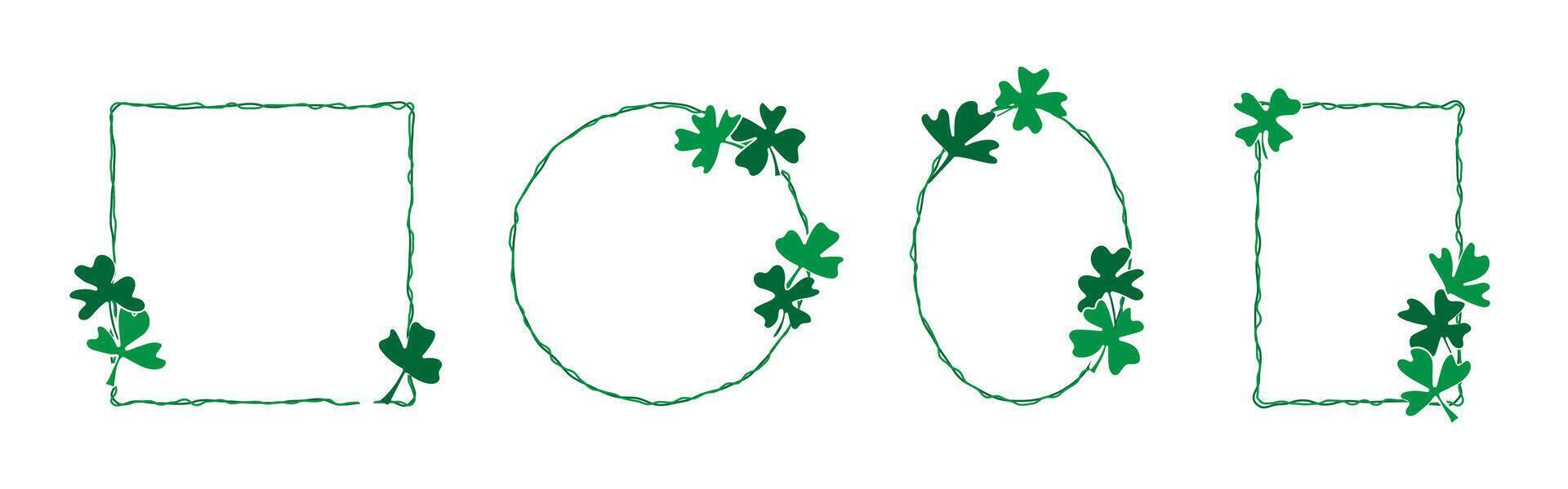 St Patrick day shamrock clover border. Lucky irish green frame for holiday card. Four leaf pattern with saint luck sign. Celtic decoration for spring invitation on white isolated background vector