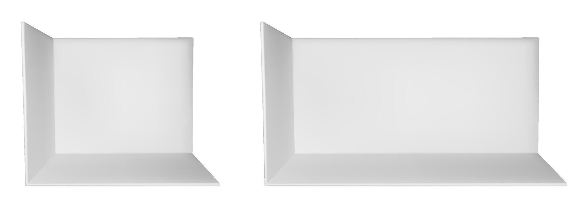 3d empty booth room mockup. White wall trade show cube box. Perspective product display space for expo kiosk. Conference stall inside exhibition area. Store showroom section for small backdrop vector