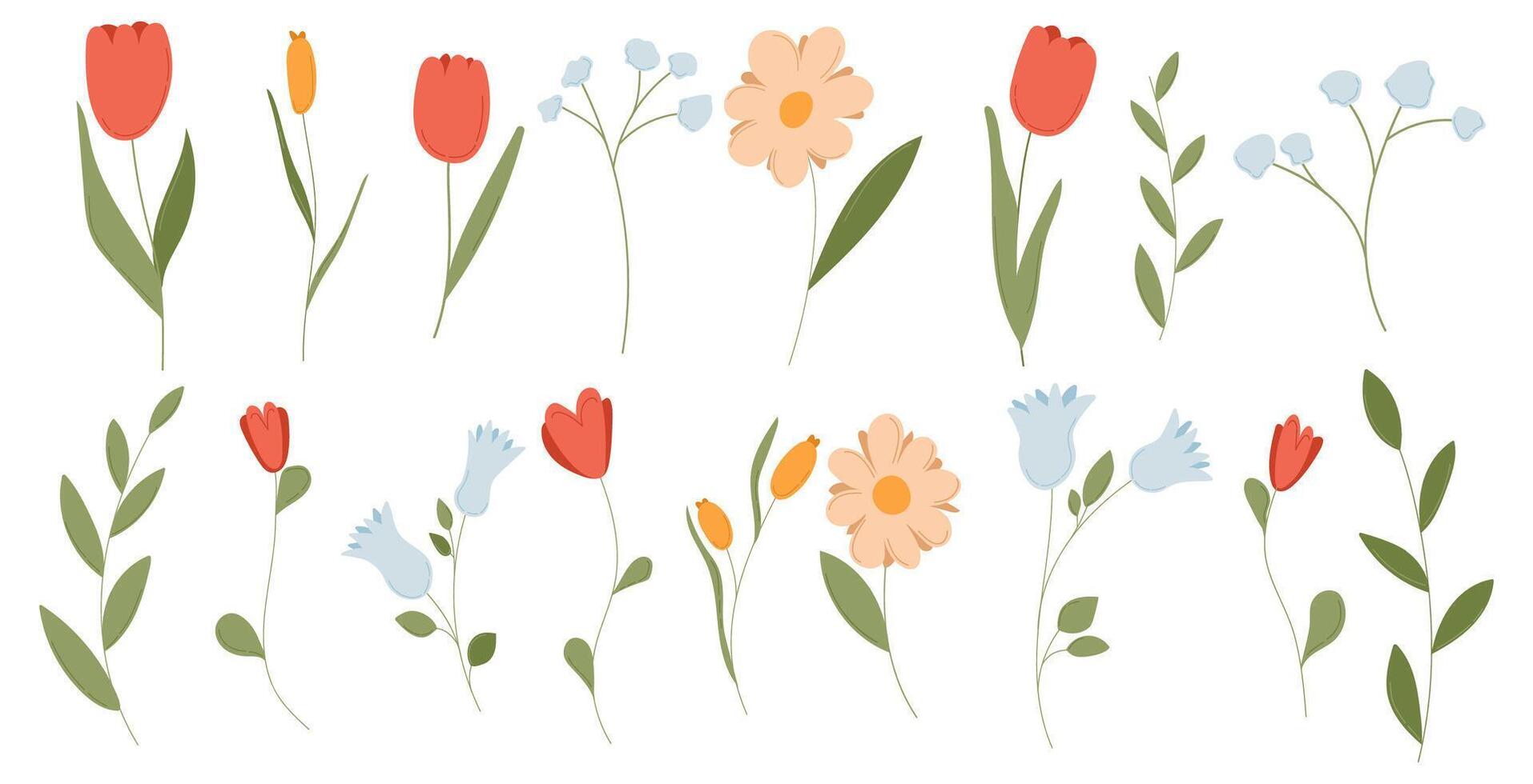Flower spring floral set with cute plant and leaf element. Flat garden doodle summer clipart. Simple nature graphic with isolated leaves, tulip, wildflower, and modern botanical branch print design. vector