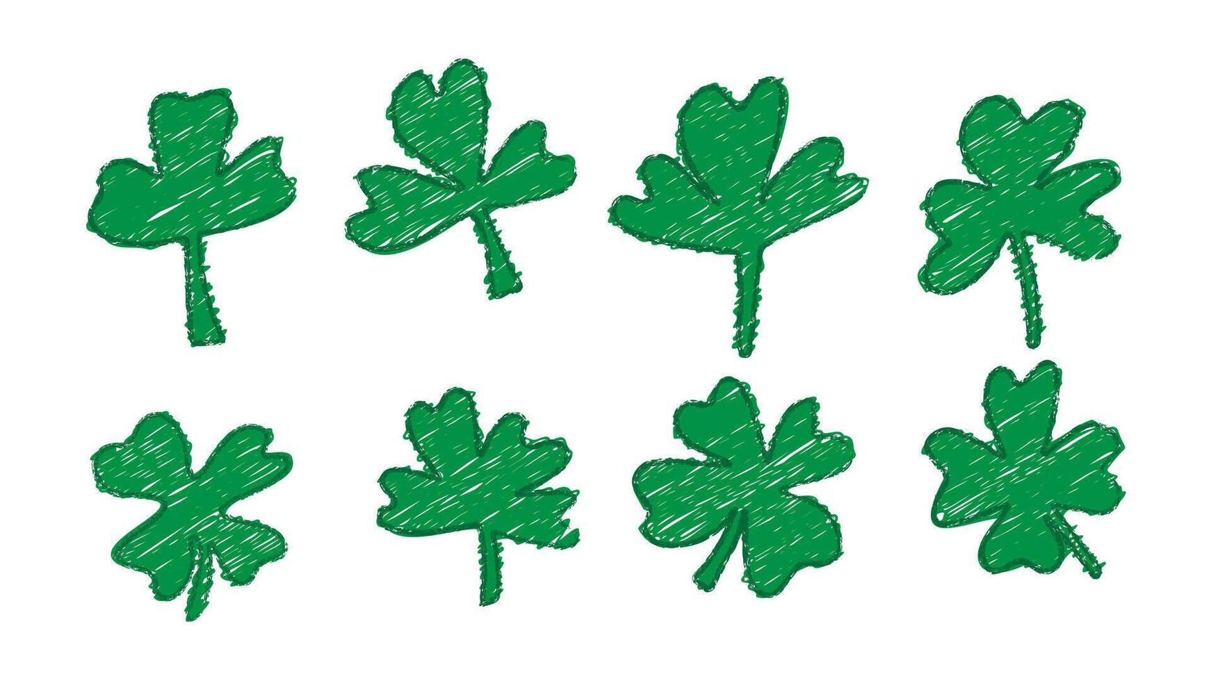 Lucky shamrock clover drawn with four leaf . Chalk sketch brush set for St Patrick trefoil. Irish Celtic luck day isolated illustration. Green graphic with crayon texture for spring holiday. vector