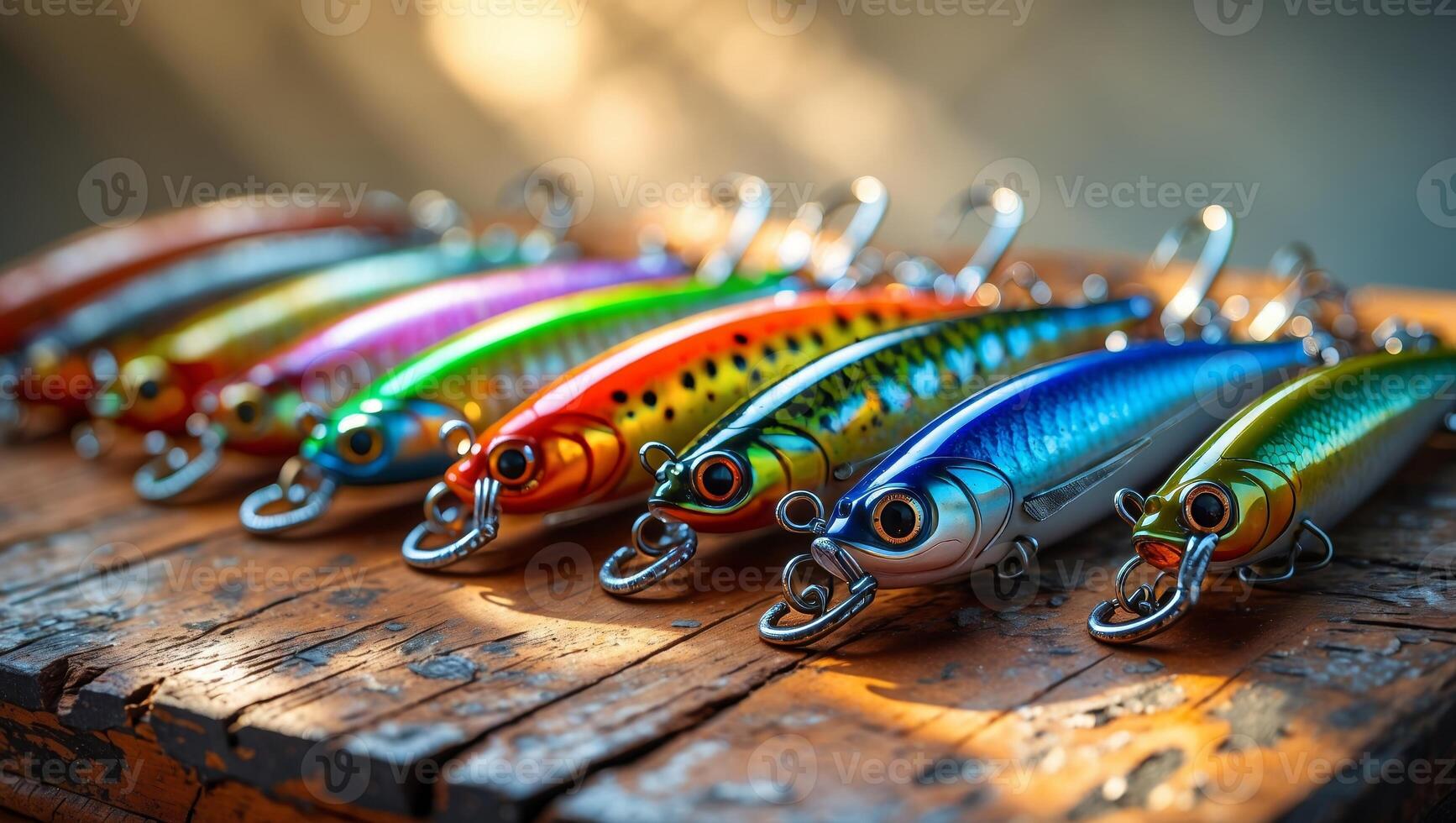 Colorful fishing lures arranged neatly on a wooden surface during afternoon light photo