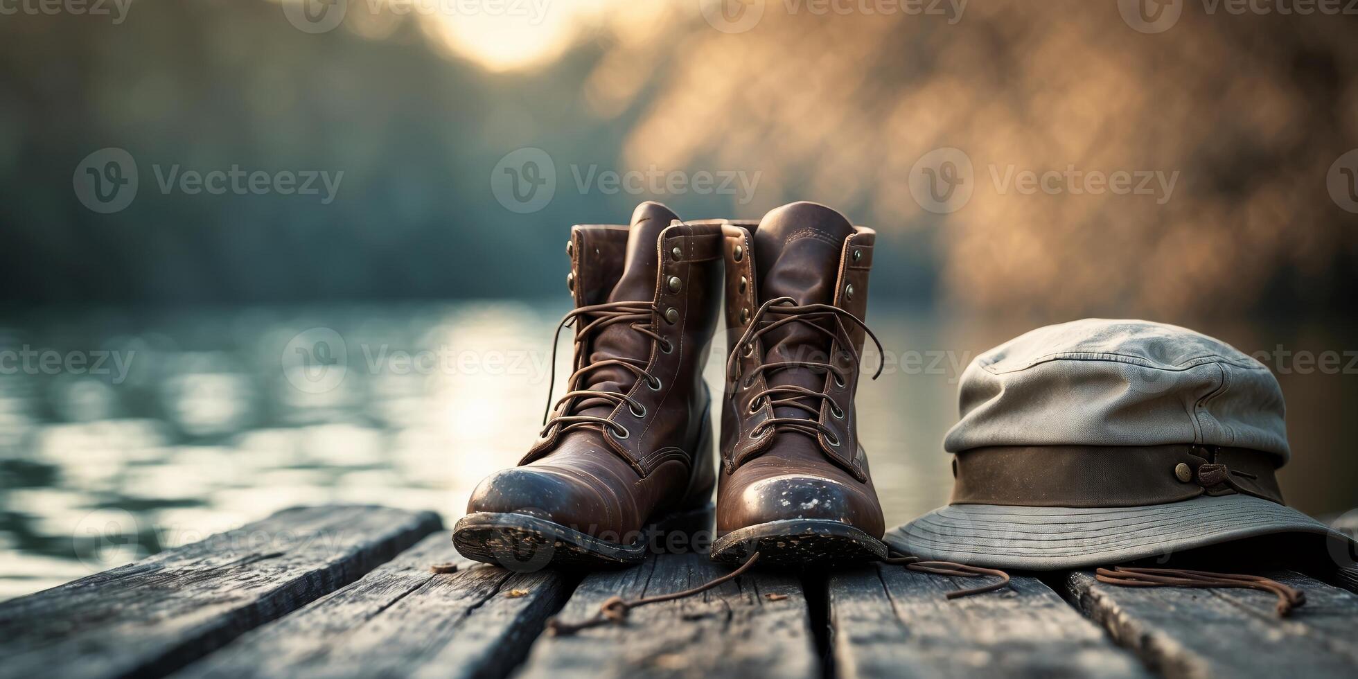 Hiking boots and hat resting on wooden dock by serene lake at sunset photo