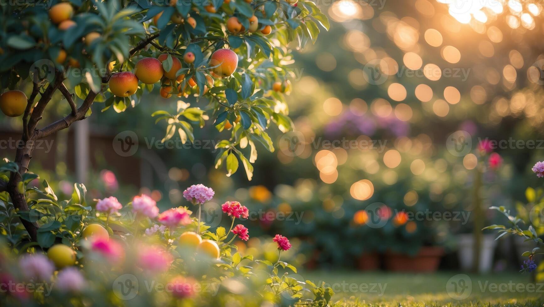 Beautiful garden at sunset showcasing vibrant flowers and fruit-laden trees in a tranquil setting photo