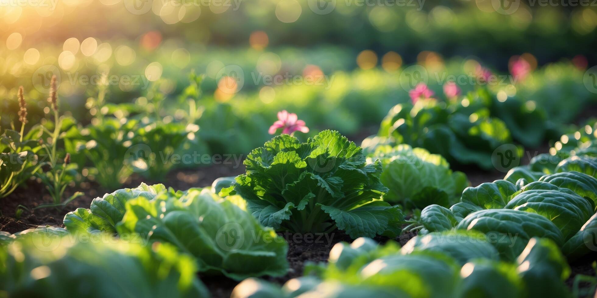 Sunset in a vibrant garden filled with blooming flowers and fruit trees creating a picturesque retreat photo