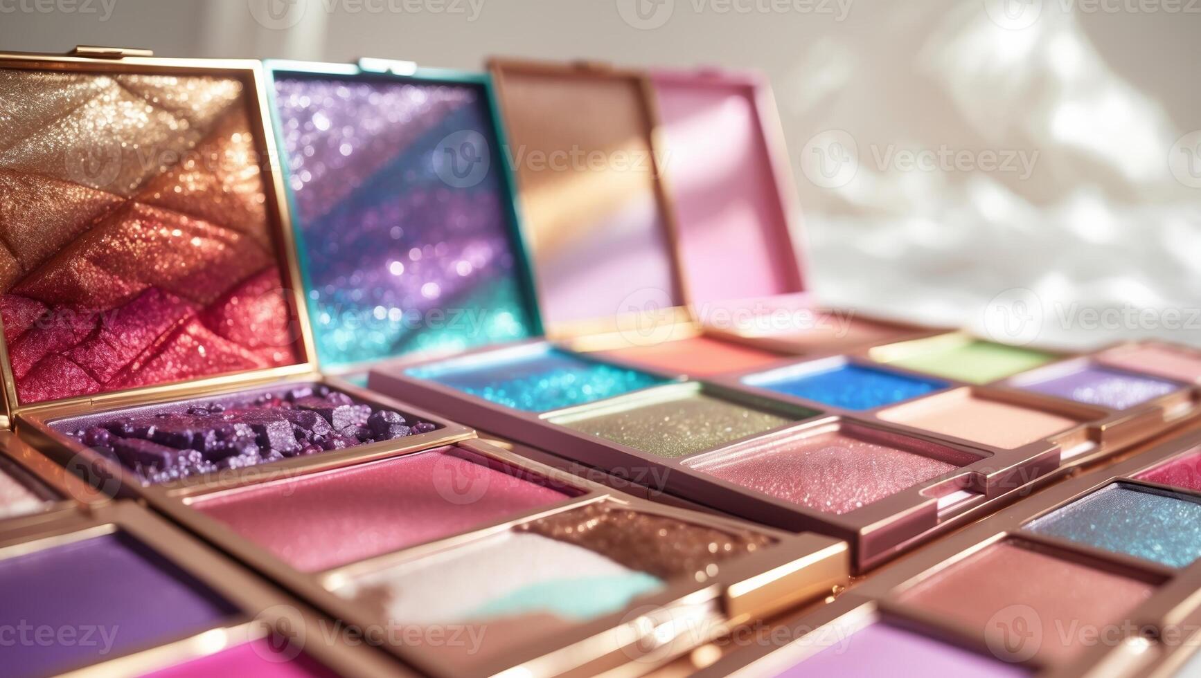 Colorful makeup palettes arranged artfully on a soft background with shimmering light reflections shining through photo